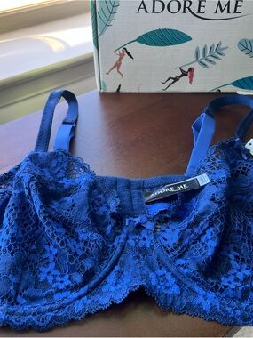 Adore Me Navy Blue Floral Lace Bra and Panty set